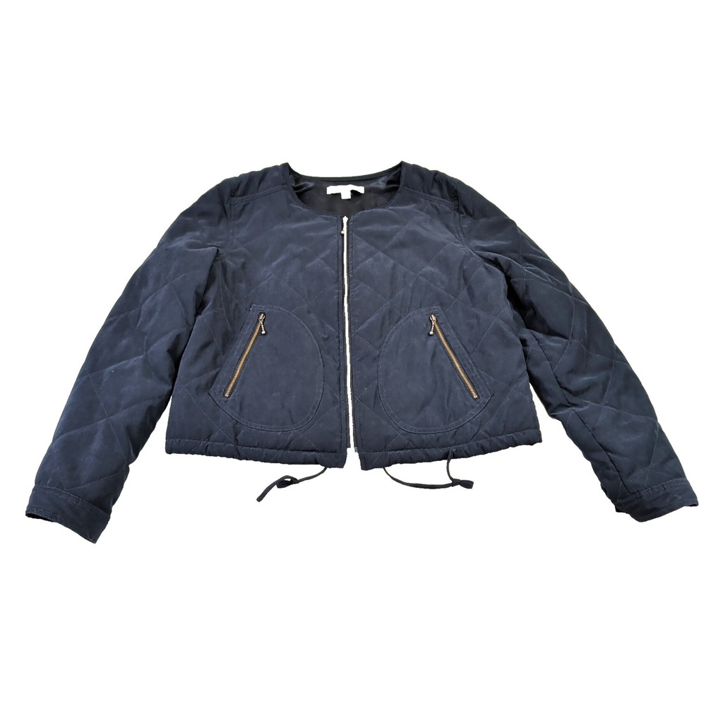 Larry Levine Quilted Bomber Jacket Women M Navy Blue Full Zip Spring Fall Travel